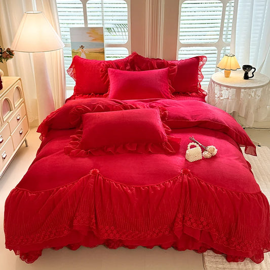 King Big Red Burgundy Plain Solid Quilts Sheets Woven Design for Wedding Bed Covers Winter Velvet Duvet Cover Set