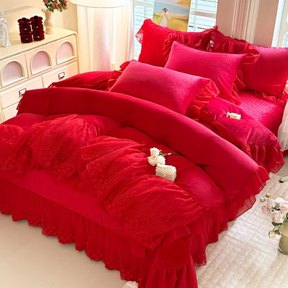 King Big Red Burgundy Plain Solid Quilts Sheets Woven Design for Wedding Bed Covers Winter Velvet Duvet Cover Set